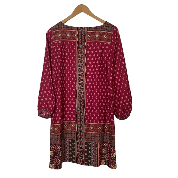 ANN TAYLOR LOFT Puff Sleeve Dress Red White Black Diamond Boho Mosaic Shift - Picture 3 of 5